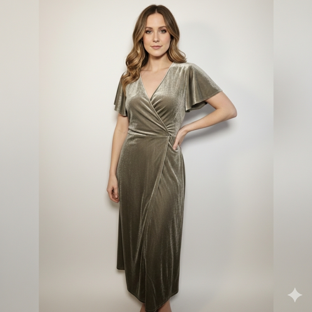 Jessakae Sage Green Velvet Maxi Dress Flutter Sleeve Wrap Front Slit Size M
